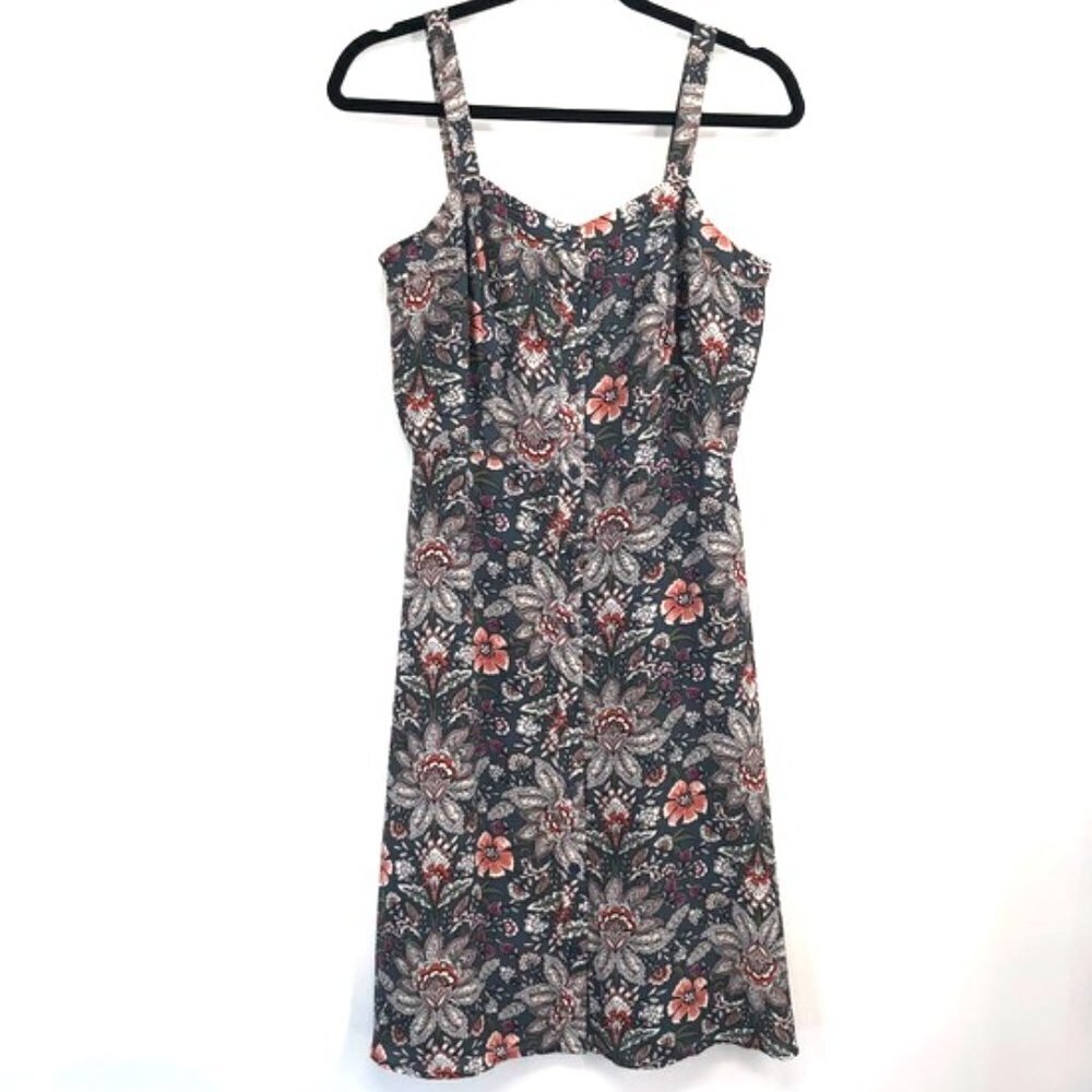 LOFT Grey Floral Dress Buttons Flowy Sleeveless Lined Flowers Print 6 Women